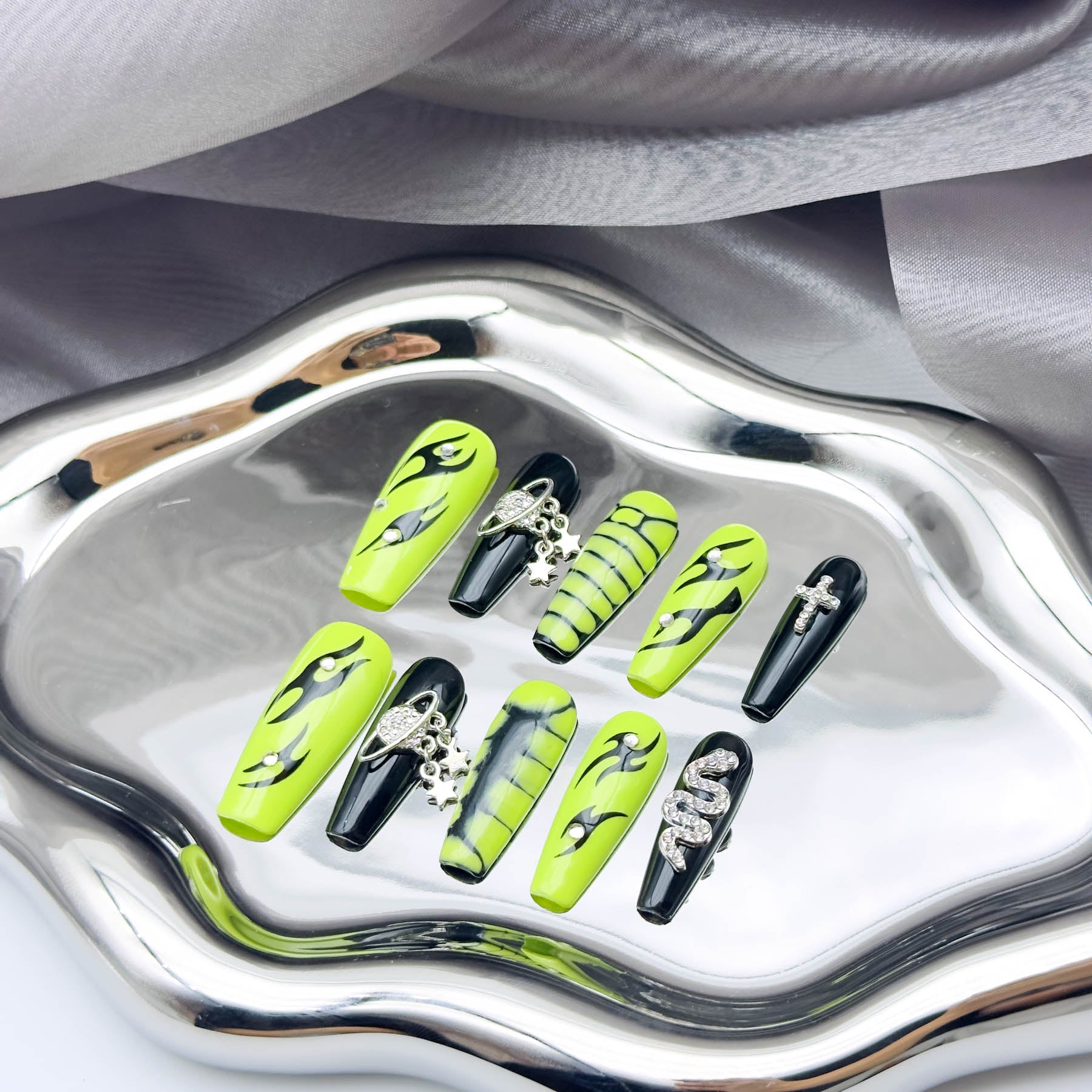 Electric Enigma: Neon Green & Jet Black Artistic Press-On Nail Set with Accents