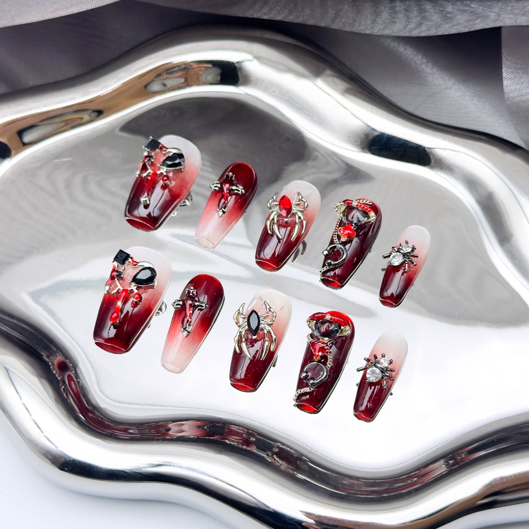 Vampiric Veil: Press-On Nails with Blood-Red Ombre and Gothic Charms