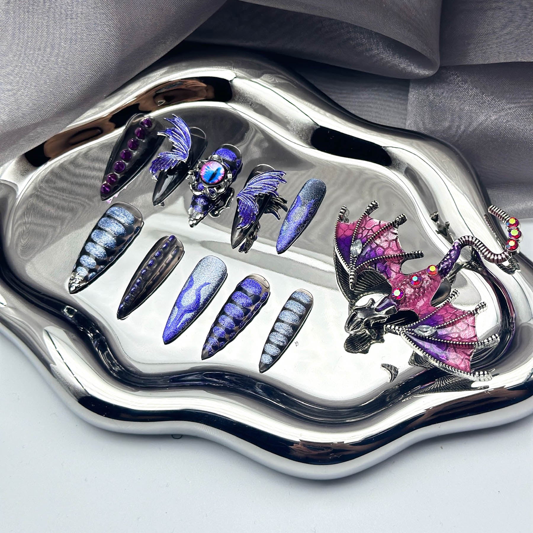 Luxury Dragon Press-On Nails Set - Majestic Amethyst Dragon, 11 Pieces, Purple and Silver, Intricate Designs