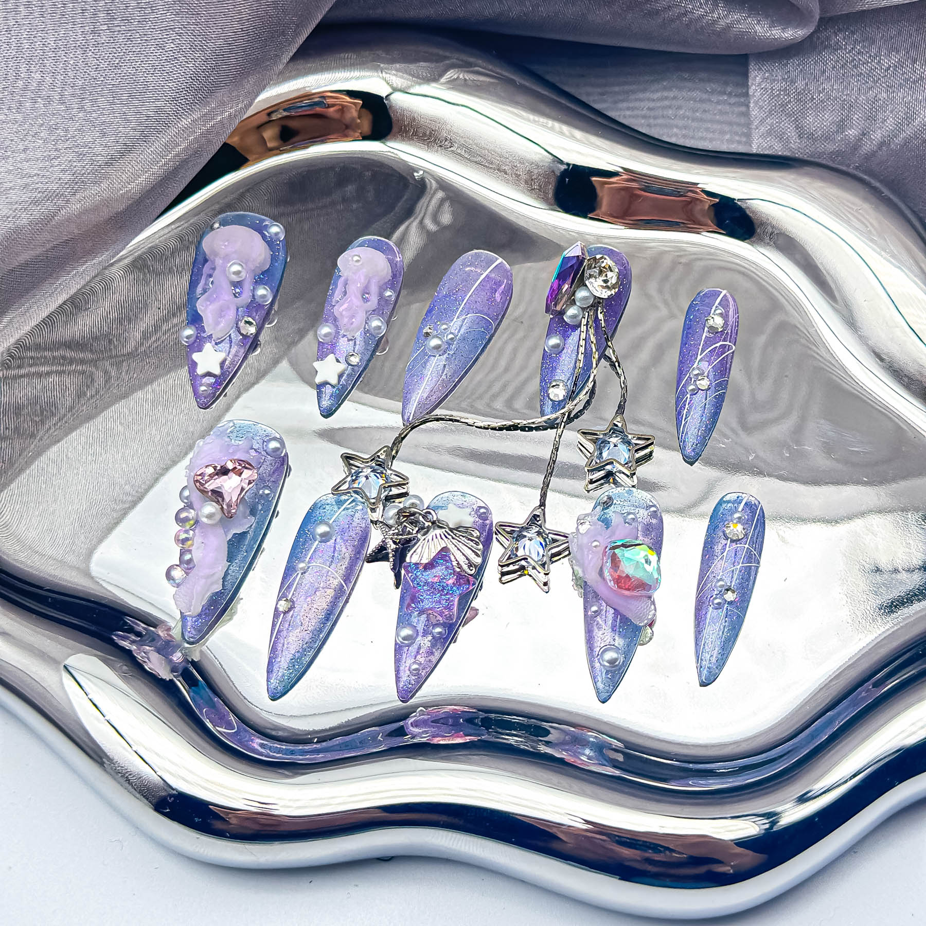 Handcrafted Luxury Press-On Nails Set - Mermaid Dreams, 10 Pieces, Lavender and Pastel, Intricate Designs